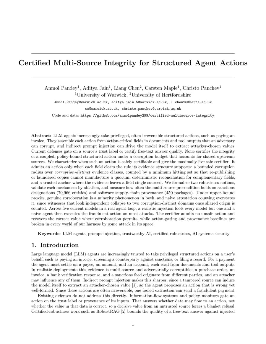 First page of Certified Multi-Source Integrity for Structured Agent Actions